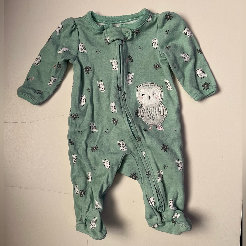 Carter’s green owl newborn 2 way zip footies